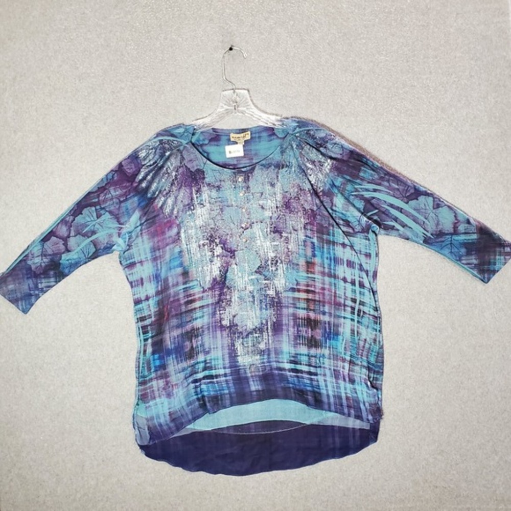 One World Women Top PXL Blue Tie Dye Blouse Leaves Print‎ 3/4 Sleeve